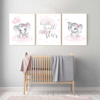 nursery decor elephant girl, baby room decor girl, nursery wall art elephant, pink gray elephant nursery, nursery prints elephants, set of 3