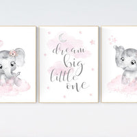 Nursery decor girl, Elephant nursery, nursery wall art elephant, baby room, girl nursery decor, dream big little one, pink grey elephants