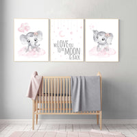 Elephant nursery, nursery wall art elephant, nursery decor girl, we love you to the moon and back, baby room, girl nursery decor, elephants