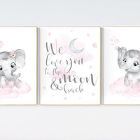 Nursery wall art girl elephant, pink and gray nursery, we love you to the moon and back, pink nursery art, moon and stars, baby room decor