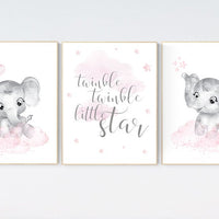 nursery decor elephant girl, baby room decor girl, nursery wall art elephant, pink gray elephant nursery, nursery prints elephants, set of 3