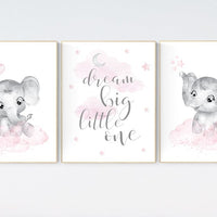 nursery decor elephant girl, baby room decor girl, nursery wall art elephant, pink gray, nursery prints elephants, dream big little one