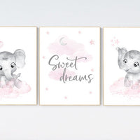 Nursery decor elephant girl, nursery wall art elephant, pink gray, nursery prints elephants, pink grey, elephant nursery wall art, set of 3