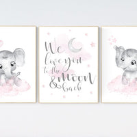 Nursery wall art girl elephant, pink and gray nursery, we love you to the moon and back, pink nursery art, moon and stars, baby room decor