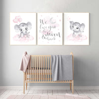 Nursery wall art girl elephant, pink and gray nursery, we love you to the moon and back, pink nursery art, moon and stars, baby room decor