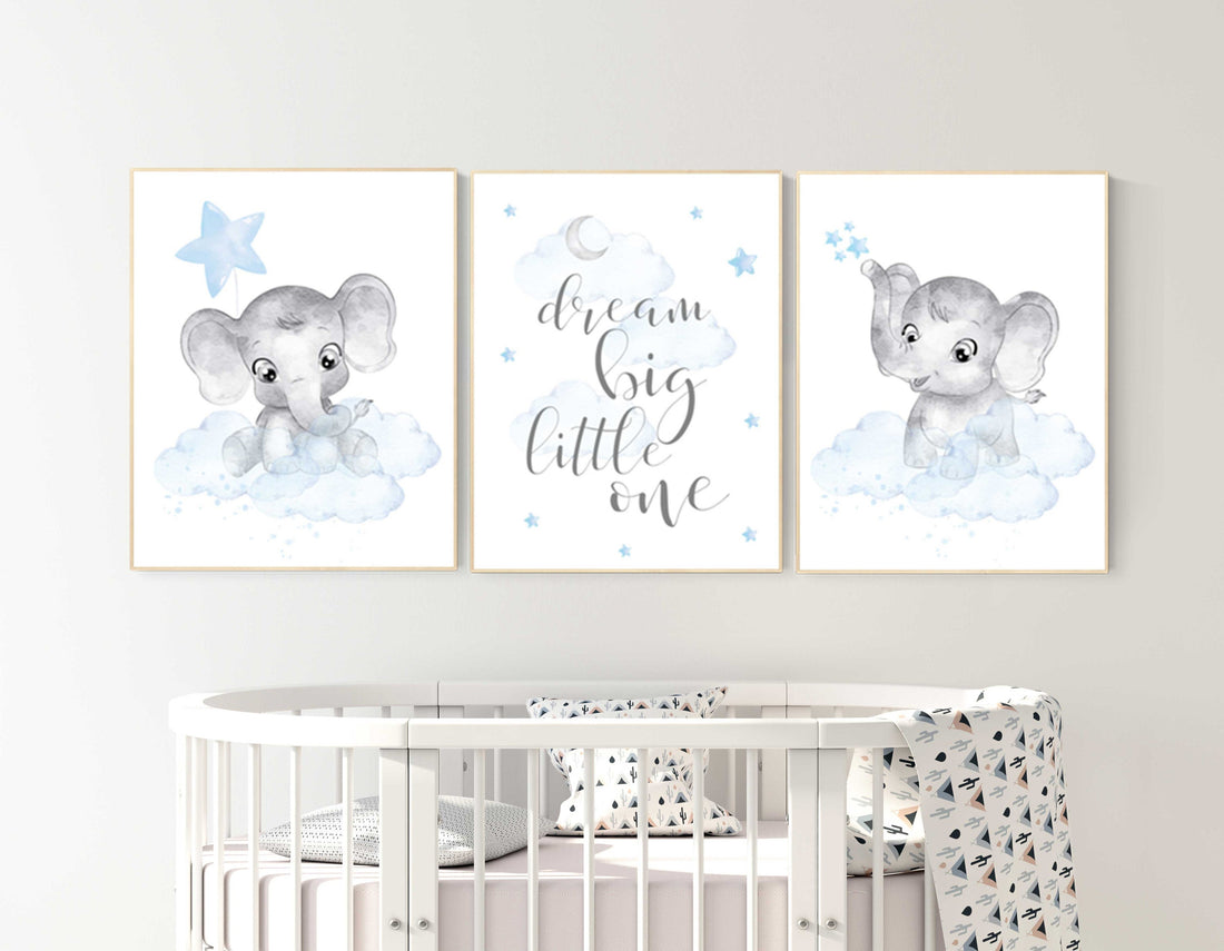 Nursery decor boy elephant, nursery wall art elephant, baby room decor boy, cloud and stars, Elephant Nursery Art, Baby Boy Nursery Art