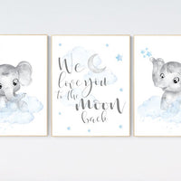 Nursery decor boy elephant, nursery wall art elephant, we love you to the moon and back, Elephant Nursery, boy nursery art, moon and stars