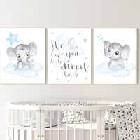 Nursery decor boy elephant, nursery wall art elephant, we love you to the moon and back, Elephant Nursery, boy nursery art, moon and stars