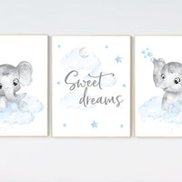 Nursery decor boy elephant, nursery wall art elephant, baby room decor boy, cloud and stars, Elephant Nursery Art, Baby Boy Nursery Art