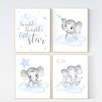 Elephant nursery, Nursery decor boy, nursery art, twinkle twinkle little star, blue nursery decor, blue grey, animal prints, elephants