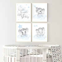 Elephant nursery, Nursery decor boy, nursery art, twinkle twinkle little star, blue nursery decor, blue grey, animal prints, elephants