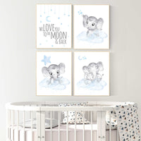 Nursery decor boy, nursery decor elephant, nursery wall art, nursery art, blue nursery decor, moon and stars, elephant nursery prints