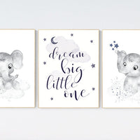 Nursery decor boy navy blue, navy nursery decor, dream big little one, moon and stars, navy blue nursery art. baby room art, elephant