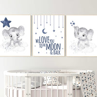Nursery wall art boy, nursery decor elephant, nursery prints, navy nursery decor, navy blue nursery art, we love you to the moon and back