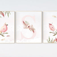 Nursery wall art birds, nursery decor girl flower, Nursery decor girl floral, baby bird nursery, spring theme baby shower, bird nursery art
