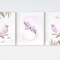 Nursery wall art birds, nursery decor girl flower, Nursery decor girl floral, lavender, purple nursery, lilac, bird nursery art, spring