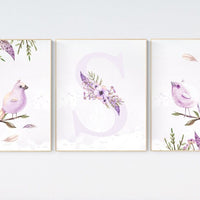 Nursery decor girl flower, Nursery wall art birds, Nursery decor girl floral, lavender, purple nursery, lilac, bird nursery art, spring