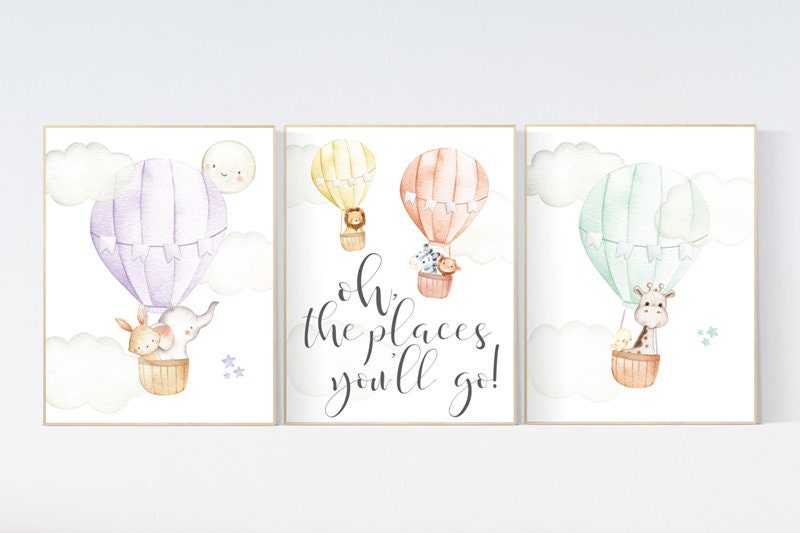 Nursery decor animals, hot air balloon, elephant giraffe, bear, gender neutral, nursery decor twins, animal nursery, neutral, unisex