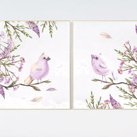 Nursery wall art birds, nursery decor girl floral, purple, nursery decor girl flower, baby bird nursery, lilac nursery, lavender nursery