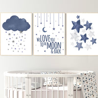 Nursery decor boy navy blue, nursery wall art boy, navy nursery decor, cloud, moon and stars, navy blue nursery art, nursery prints boy