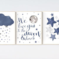 Nursery decor boy navy blue, Nursery wall art boy, navy nursery decor, moon and stars, we love you to the moon and back, nursery prints boy