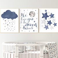 Nursery decor boy navy blue, Nursery wall art boy, navy nursery decor, moon and stars, we love you to the moon and back, nursery prints boy