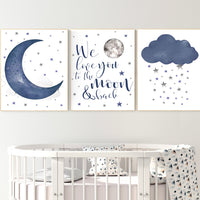 Nursery wall art boy, Nursery decor boy navy blue, navy nursery decor, moon and stars, we love you to the moon and back, nursery prints boy