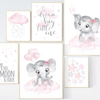 Nursery wall art girl elephant, pink grey, nursery decor girl pink, we love you to the moon and back, moon and stars, baby room decor girl