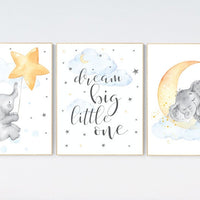 Nursery wall art elephant, dream big little one, cloud nursery decor, Nursery decor neutral, moon and stars, gender neutral nursery prints
