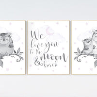 Nursery decor girl lilac, Nursery decor owl, lilac nursery, nursery art, owl nursery, lavender, we love you to the moon and back, purple