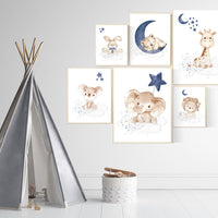 Animal nursery wall art, Nursery decor boy , elephant, bunny, bear, giraffe, lion, koala, baby room art, navy blue nursery, animal prints