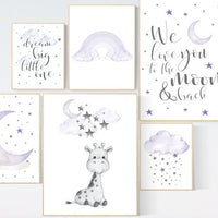 Nursery wall art purple, giraffe, rainbow, nursery decor, giraffe nursery print, nurser decor girl, lilac lavender, moon and back, girl room