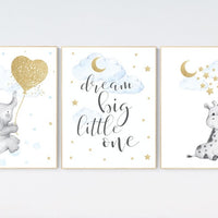 Nursery decor boy elephant, blue and gold nursery, dream big little one, blue nursery wall art, cloud and stars, baby room decor, wall art