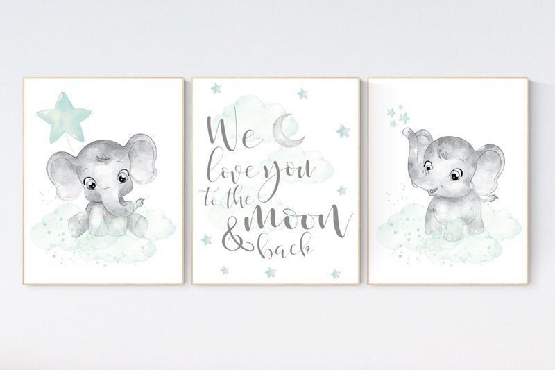 Nursery art elephant, nursery pictures, baby room pictures, gender neutral, nursery decor neutral, mint green nursery, baby room ideas