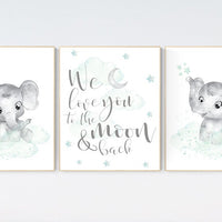 Nursery art elephant, nursery pictures, baby room pictures, gender neutral, nursery decor neutral, mint green nursery, baby room ideas