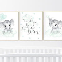 Nursery wall art gender neutral, nursery decor neutral, mint green nursery, baby room decor stars and moon, mint green, elephant baby shower