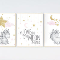 Nursery decor unicorn, baby room decor girl gold and pink, we love you to the moon and back, cloud and stars, nursery wall art unicorn