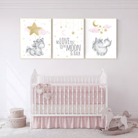 Nursery decor unicorn, baby room decor girl gold and pink, we love you to the moon and back, cloud and stars, nursery wall art unicorn