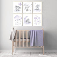 Nursery decor girl lilac, purple nursery wall art, elephant nursery decor, nursery prints animals, nursery prints, moon and stars, lavender