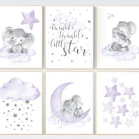 Nursery decor girl lilac, purple nursery wall art, elephant nursery decor, nursery prints animals, nursery prints, moon and stars, lavender