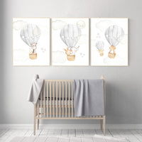 Nursery decor neutral, gray nursery, grey nursery, hot air balloon, animal nursery, gender neutral, baby room decor, elephant, bunny giraffe