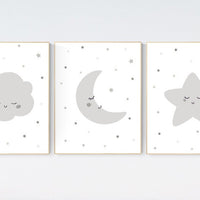 Nursery decor neutral, nursery wall art grey, gray nursery, baby room decor gender neutral, moon and stars, grey nursery decor baby room art