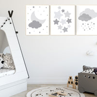 Nursery decor neutral, Nursery wall art grey, gray nursery, baby room decor gender neutral, moon and stars, grey nursery decor baby room art