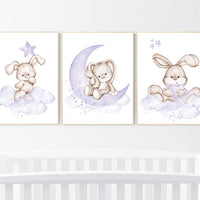Bunny nursery wall art, Purple nursery decor, Nursery decor girl flower bunny, lilac, lavender, bunny print nursery girl, rabbit print