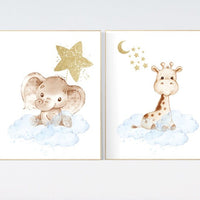 Animal nursery for boys, blue gold, Nursery decor boy elephant and giraffe, baby room wall art, nursery wall art animals, boys room prints