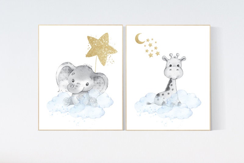 Nursery decor boy elephant and giraffe, Animal nursery for boys, blue gold, baby room wall art, nursery wall art animals, boys room prints
