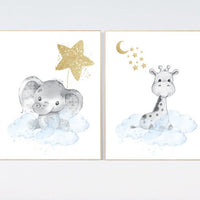 Nursery decor boy elephant and giraffe, Animal nursery for boys, blue gold, baby room wall art, nursery wall art animals, boys room prints