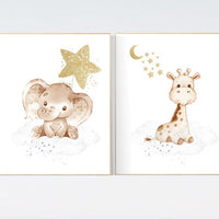 Nursery wall art gender neutral, nursery decor elephant, giraffe nursery, neutral nursery wall art, gray, grey, gold, gender neutral, twins