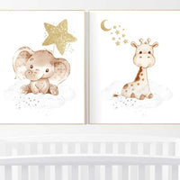 Nursery wall art gender neutral, nursery decor elephant, giraffe nursery, neutral nursery wall art, gray, grey, gold, gender neutral, twins