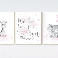 Girls room decor, Nursery decor girl pink and gray, nursery decor girl pink, Elephant and giraffe nursery, we love you to the moon and back